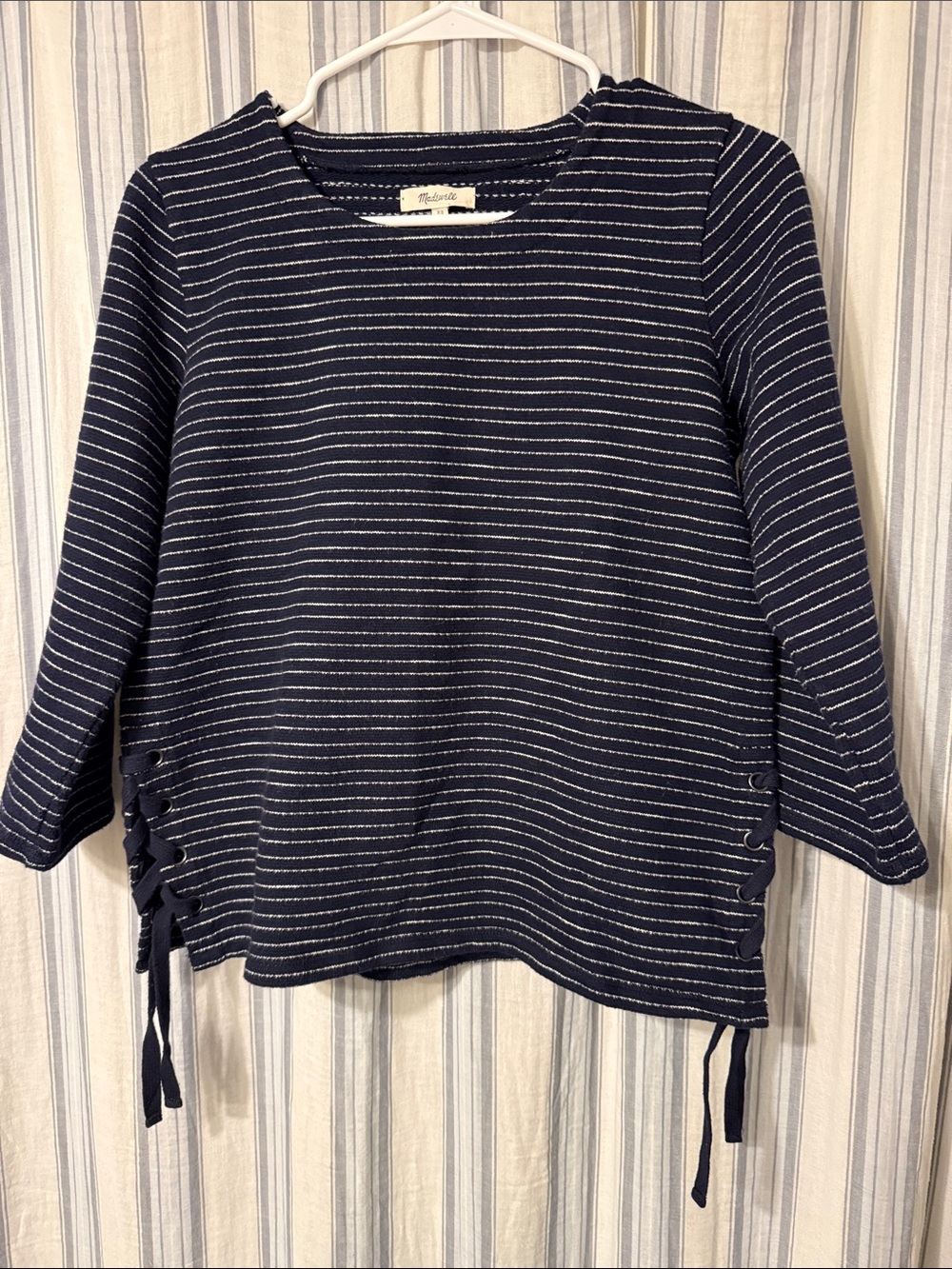 Madewell Navy and White Striped Lace-Up Side Sweatshirt